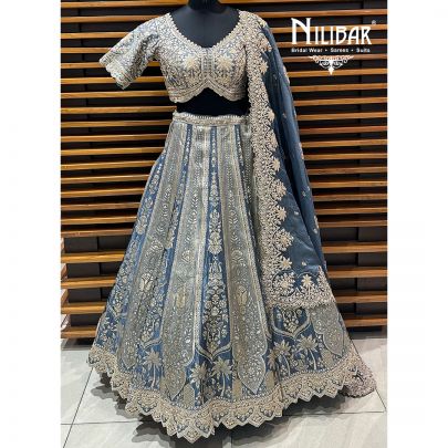 Gray Blue Banarasi Silk Lehenga