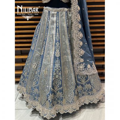 Gray Blue Banarasi Silk Lehenga