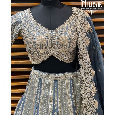 Gray Blue Banarasi Silk Lehenga