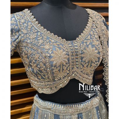Gray Blue Banarasi Silk Lehenga