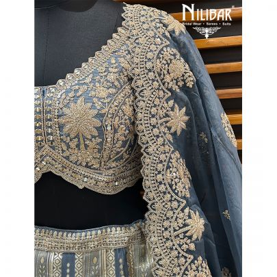 Gray Blue Banarasi Silk Lehenga