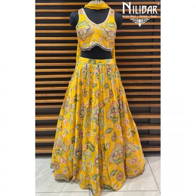 Mango Yellow Organza Pearl Lehenga