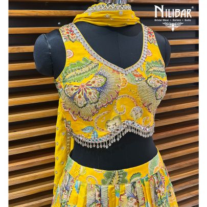 Mango Yellow Organza Pearl Lehenga