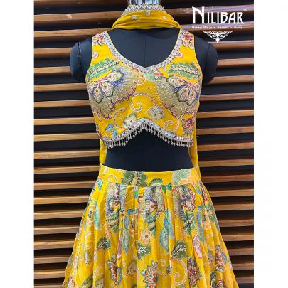 Mango Yellow Organza Pearl Lehenga