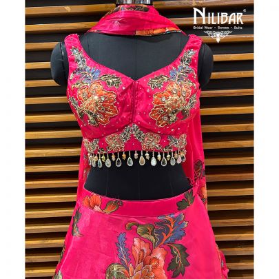Bright Pink Tissue Printed Lehenga