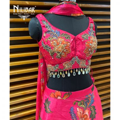 Bright Pink Tissue Printed Lehenga