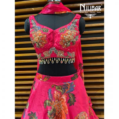 Bright Pink Tissue Printed Lehenga