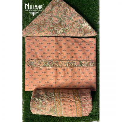 Peach Cotton Unstitched Suit embellished with mirror, thread and cutdana work.