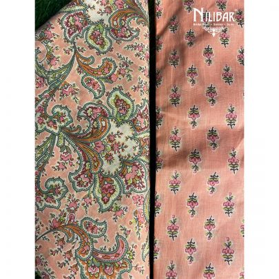 Peach Cotton Unstitched Suit embellished with mirror, thread and cutdana work.