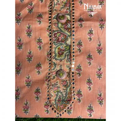 Peach Cotton Unstitched Suit embellished with mirror, thread and cutdana work.