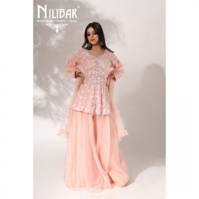 Peach Net Peplum Palazzo Suit