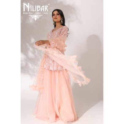 Peach Net Peplum Palazzo Suit