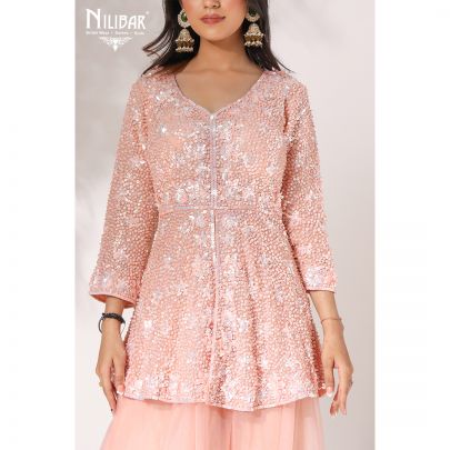 Peach Net Peplum Palazzo Suit