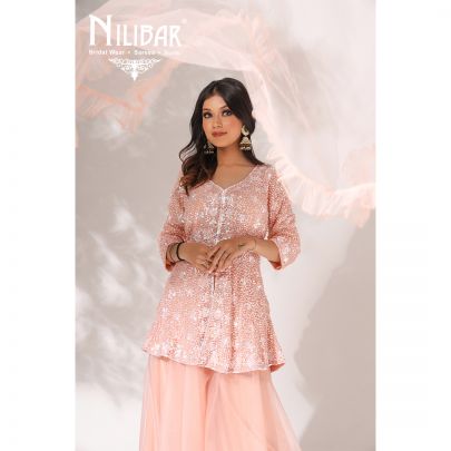 Peach Net Peplum Palazzo Suit