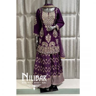 Dark Purple Silk Flared Palazzo Suit
