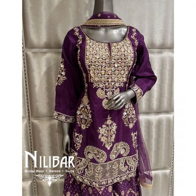 Dark Purple Silk Flared Palazzo Suit