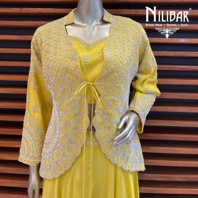 Yellow and White Crepe and silk Jacket Style Suit
