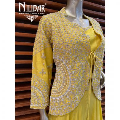 Yellow and White Crepe and silk Jacket Style Suit