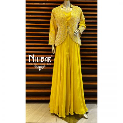Yellow and White Crepe and silk Jacket Style Suit