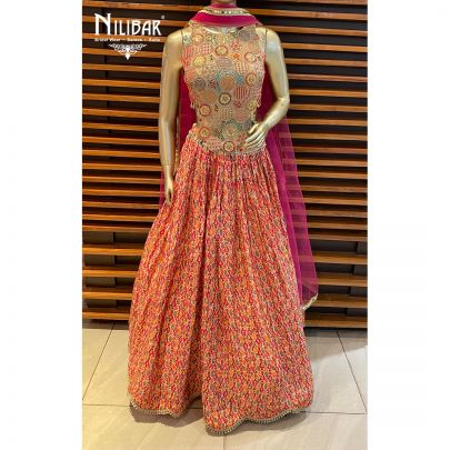Orange Chinon and Net Lehenga
