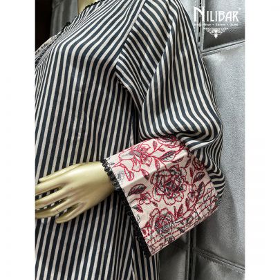 Red and Off White Cotton Straight pant suit