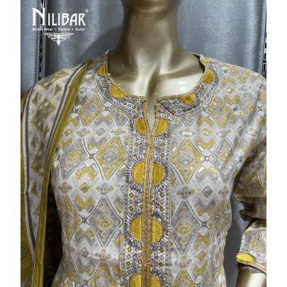 Yellow and Off White Cotton Straight pant suit