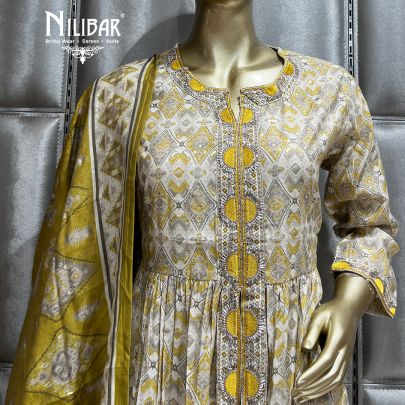 Yellow and Off White Cotton Straight pant suit