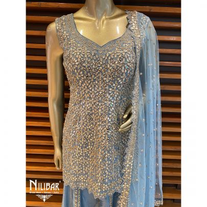 Blue Silk and Net Palazzo Suit