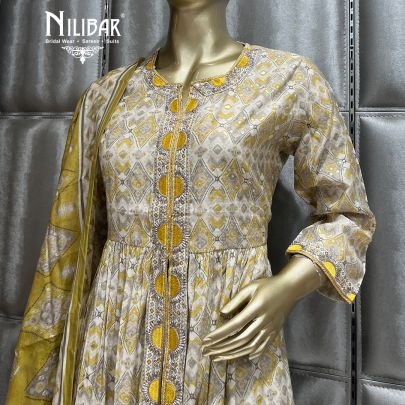 Yellow and Off White Cotton Straight pant suit