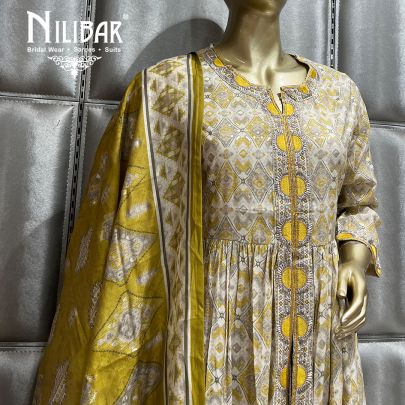 Yellow and Off White Cotton Straight pant suit
