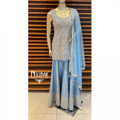Blue Silk and Net Palazzo Suit