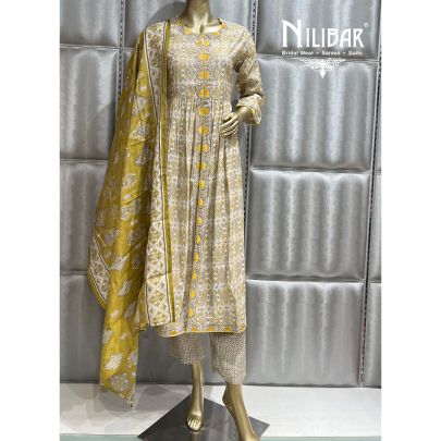 Yellow and Off White Cotton Straight pant suit