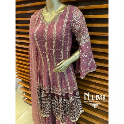 Mauve Pink Georgette  and Net Palazzo Suit