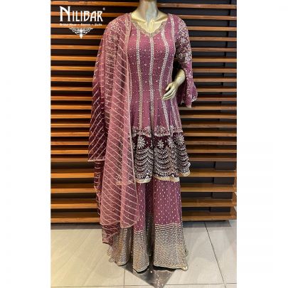 Mauve Pink Georgette  and Net Palazzo Suit