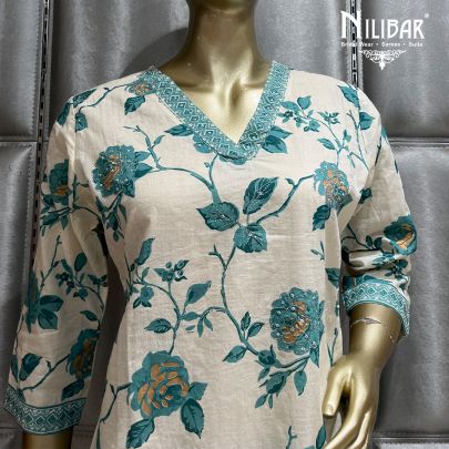 White and Turquoise Cotton Straight pant suit