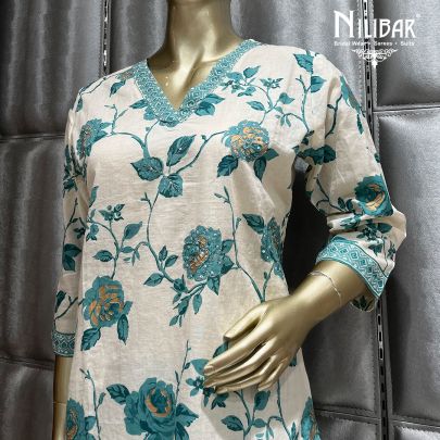 White and Turquoise Cotton Straight pant suit