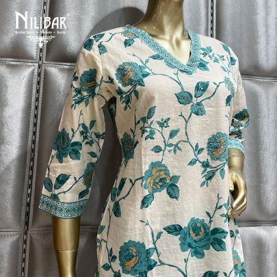 White and Turquoise Cotton Straight pant suit