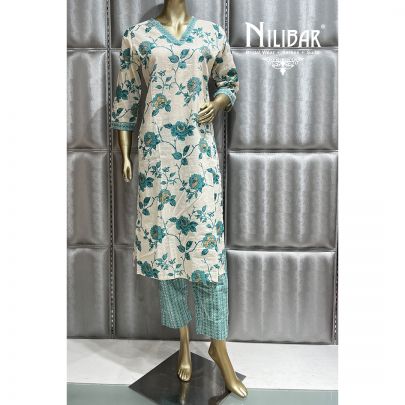 White and Turquoise Cotton Straight pant suit