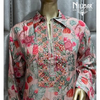 Pink and Multicolor Cotton Straight pant suit