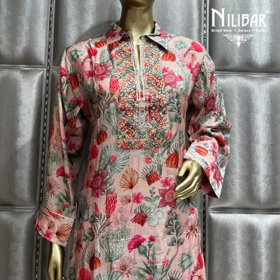 Pink and Multicolor Cotton Straight pant suit