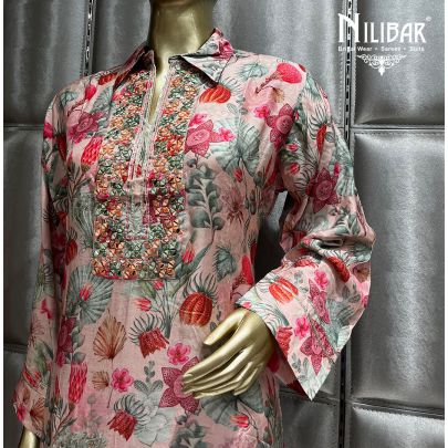 Pink and Multicolor Cotton Straight pant suit
