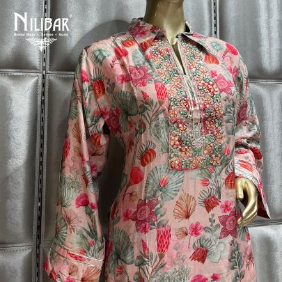 Pink and Multicolor Cotton Straight pant suit