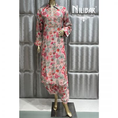 Pink and Multicolor Cotton Straight pant suit