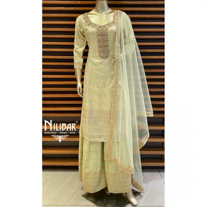 Tea Green Silk and Net Palazzo Suit