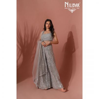 Silver Net Crop Top Palazzo Suit