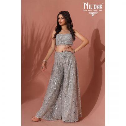 Silver Net Crop Top Palazzo Suit