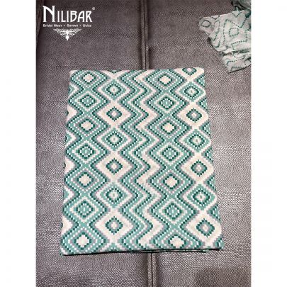 White and Turquoise Green Cotton Unstitched Suit