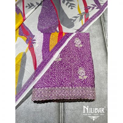 Purple Cotton and Chinon Unstitched Suit