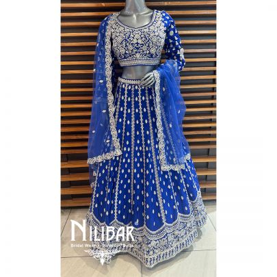 Blue Chinon Embroidered Lehenga