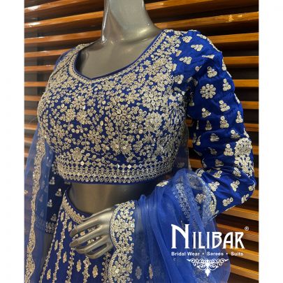 Blue Chinon Embroidered Lehenga